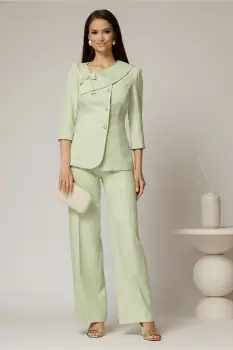 Compleu DY Fashion verde fistic din sacou cu funda si nasturi perla si pantaloni imagine