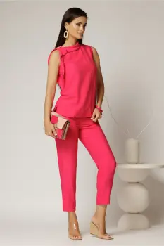 Compleu fucsia din vascoza cu bluza fara maneci si pantalon lejer imagine