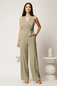 Compleu kaki din viscoza si adaos de in cu vesta cambrata si pantaloni lejeri imagine