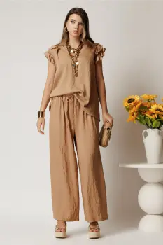 Compleu maro din viscoza cu bluza si pantaloni lejeri imagine