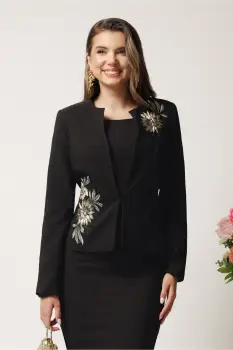 Compleu negru cu rochie midi conica si sacou cu broderie- LaDonna imagine