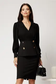 Compleu negru din stofa cu sacou si fusta imagine