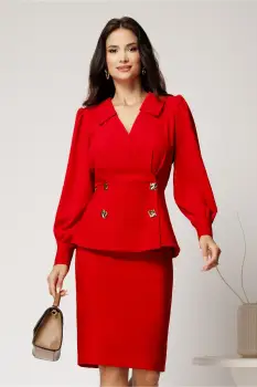 Compleu rosu din stofa cu sacou si fusta imagine