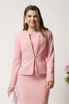 Compleu roz cu rochie midi conica si sacou cu broderie- LaDonna imagine