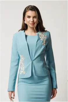 Compleu verde menta cu rochie midi conica si sacou cu broderie- LaDonna imagine