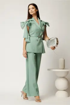 Compleu verde mint din stofa cu funde la maneci si curea in talie imagine