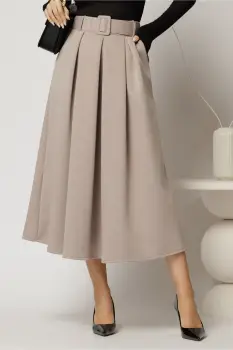 Fusta midi office din jerse bej cu pliuri si curea in talie imagine