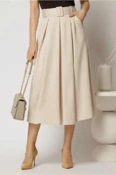 Fusta midi office din jerse ivoar cu pliuri si curea in talie imagine