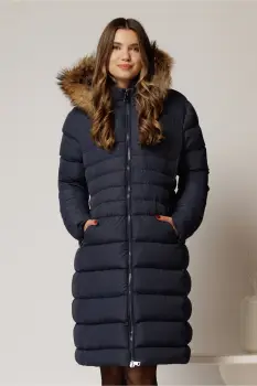 Geaca dama midi bleumarin din fas cu gluga detasabila imagine