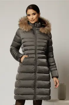 Geaca dama midi gri din fas cu gluga detasabila imagine