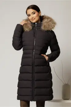 Geaca dama midi neagra din fas cu gluga detasabila imagine