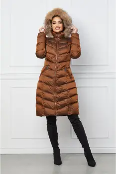 Geaca lunga maro cu blanita naturala la gluga imagine