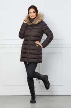 Geaca maro inchis cu blanita naturala la gluga imagine