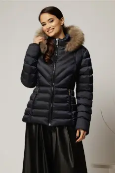 Geaca scurta bleumarin cu blanita naturala la gluga imagine