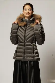 Geaca scurta gri cu blanita naturala la gluga imagine