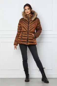 Geaca scurta maro cu blanita naturala la gluga imagine