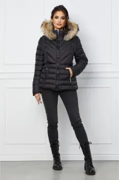 Geaca scurta neagra cu blanita naturala la gluga imagine