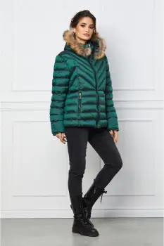 Geaca scurta verde cu blanita naturala la gluga imagine
