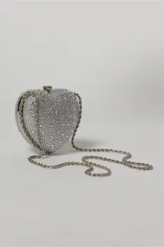Geanta eleganta din strasuri argintie in forma de inima imagine
