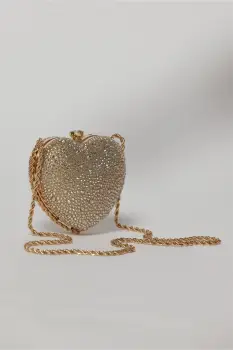 Geanta eleganta din strasuri aurie in forma de inima imagine
