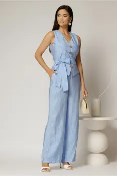 Pantaloni bej cu dungi din rayon cu croi lejer si cordon in talie imagine