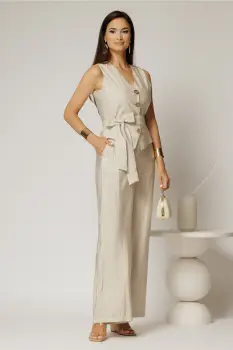 Pantaloni bej cu dungi din rayon cu croi lejer si cordon in talie imagine