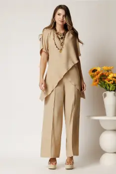 Pantaloni bej din rayon cu croi lejer si elastic in talie imagine