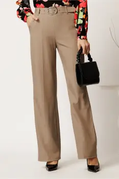 Pantaloni bej din stofa cu croi drept si curea in talie imagine