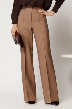 Pantaloni bej din stofa evazati cu dunga imagine