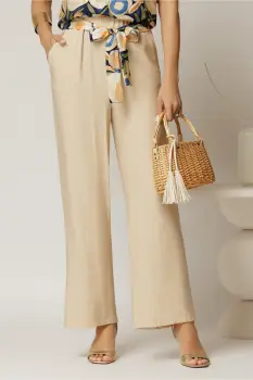 Pantaloni bej din viscoza cu croi lejer si cordon cu print imagine