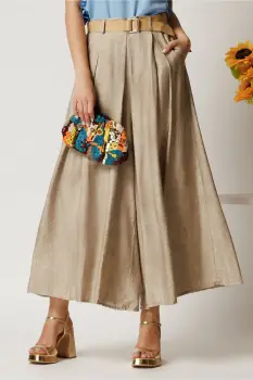 Pantaloni bej din viscoza tip fusta cu buzunare si cordon in talie imagine