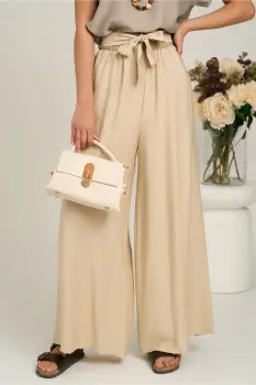 Pantaloni bej evazati din viscoza cu elastic si cordon in talie imagine