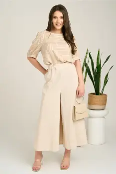 Pantaloni bej lejeri tip fusta din viscoza cu elastic in talie imagine