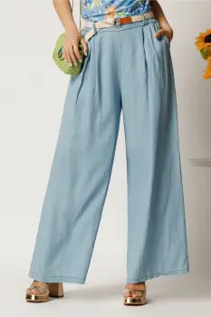 Pantaloni bleu din lyocell cu croi lejer si curea in talie imagine