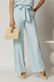 Pantaloni bleu din rayon cu croi lejer si cordon in talie imagine