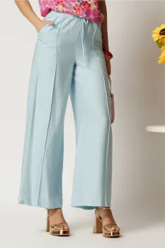 Pantaloni bleu din rayon cu croi lejer si elastic in talie imagine