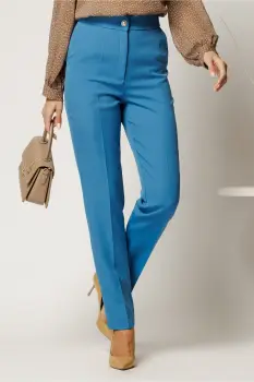 Pantaloni bleu din stofa cu croi conic si nasture perlat imagine