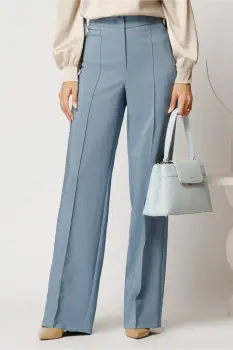 Pantaloni bleu din stofa evazati cu dunga imagine