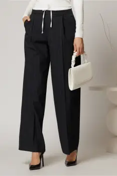 Pantaloni bleumarin cu dungi si insertie alba in talie imagine