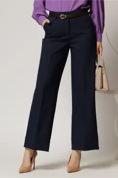 Pantaloni bleumarin din stofa cu croi larg si curea in talie imagine