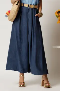 Pantaloni bleumarin din viscoza tip fusta cu buzunare si cordon in talie imagine