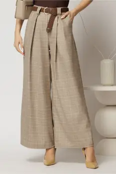 Pantaloni casual bej croi larg si curea in talie imagine