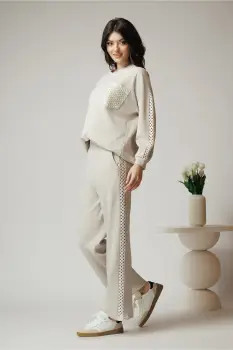 Pantaloni casual din bumbac bej cu dantela pe laterale imagine