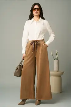 Pantaloni casual din catifea maro cu snur in talie imagine