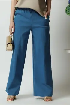 Pantaloni casual din denim albastri evazati cu elastic in talie imagine