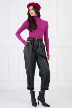 Pantaloni casual din piele ecologica negri cu buzunare si curea in talie imagine