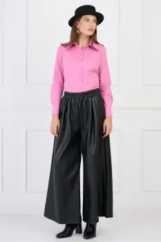 Pantaloni casual din piele ecologica negri evazati imagine