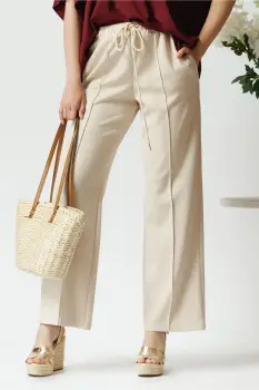 Pantaloni casual din viscoza bej cu elastic si dunga imagine