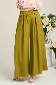 Pantaloni casual din viscoza verde olive evazati imagine