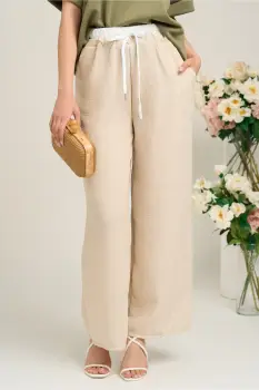 Pantaloni casual vaporosi bej cu banda alba si elastic in talie imagine